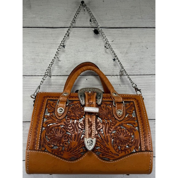 Montana Silversmiths Handbags - Montana Silversmiths Tooled Leather Satchel Western‎ Buckle Bag Brown Handbag